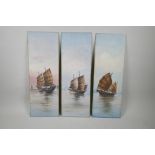 Studies of trading boats, three unframed Chinese paintings, 18½" x 6½"