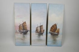 Studies of trading boats, three unframed Chinese paintings, 18½" x 6½"