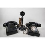 An Eriksson 10A candlestick telephone, 13" high, together with a BT black Bakelite dial phone (