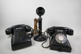 An Eriksson 10A candlestick telephone, 13" high, together with a BT black Bakelite dial phone (