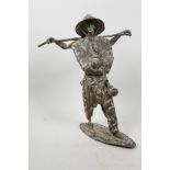 A Chinese stylised bronze figure of a fisherman, 13" high