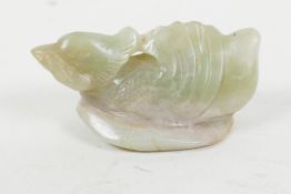 A small Chinese carved jade figure of a duck, 2¼" long