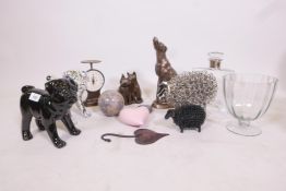 A collection of decorative items, Frith sculptures of a dog and cats, wire metal sheep, porcelain