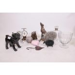 A collection of decorative items, Frith sculptures of a dog and cats, wire metal sheep, porcelain