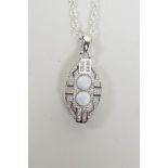 A 925 silver Art Deco style pendant necklace set with cubic zirconium and opalite, 1" drop