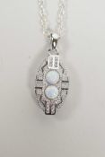 A 925 silver Art Deco style pendant necklace set with cubic zirconium and opalite, 1" drop