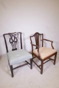 A Georgian mahogany Chippendale chair with a carved and pierced splat, together with a mahogany open