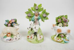 Two C19th Continental bocage figures emulating Chelsea, sheep with flowers, gold anchor marks verso;