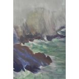 Rocky coastal landscape, signed 'RAE', watercolour, 16" x 15"