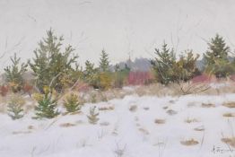 A Russian oil on millboard, winter landscape, indistinctly signed and dated, 11" x 7½"