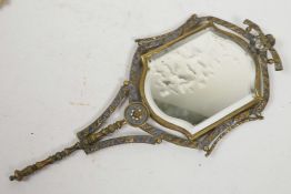 A Russian enamelled brass framed hand mirror with bevelled glass plate, 12" long