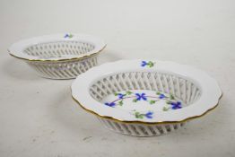 A pair of Herend basket dishes in the cornflower Blue Garland pattern, stamped and impressed to base