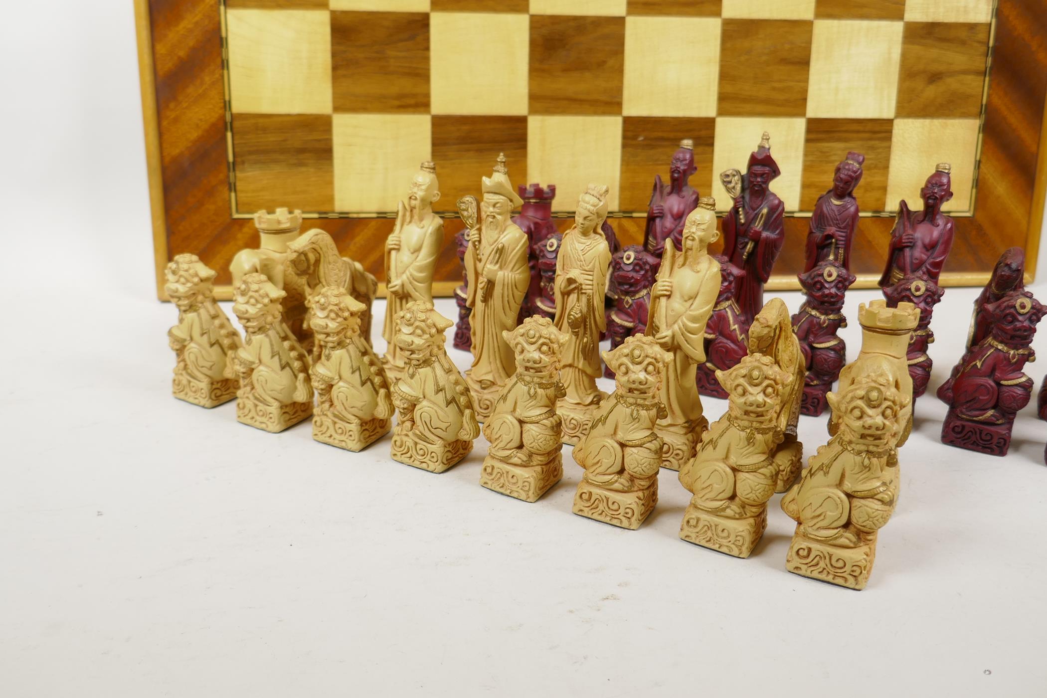 A composition chinoiserie chess set and board, complete, 24" x 24" - Image 2 of 3