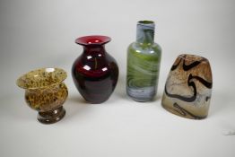 Four studio glass vases, largest 11" high