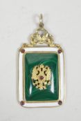 A Russian silver, gilt and enamel pendant set with malachite, 1½" x 2½"