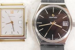 A gentleman's Certina watch with black face and gilt batons on leather strap, together with a