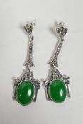 A pair of silver, marcasite and jade Art Deco style drop earrings, 2½" drop