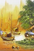 Fishing boats moored by the shore, Thai oil on canvas, indistinctly signed, 12½" x 16"
