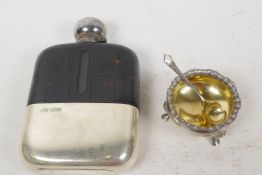 A glass, leather and hallmarked silver hip flask (silver base 89 grams), together with a