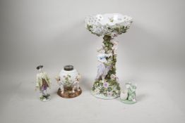 A Sitzendorf porcelain centrepiece with pierced bowl, A/F, a hard paste figure of a dandy, a