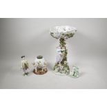 A Sitzendorf porcelain centrepiece with pierced bowl, A/F, a hard paste figure of a dandy, a