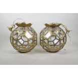 A pair of polyhedral pendant lanterns, converted for electricity, 8½" diameter