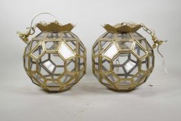 A pair of polyhedral pendant lanterns, converted for electricity, 8½" diameter