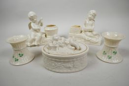 A collection of Irish Belleek porcelain and other creamware; a pair of Edwardian Belleek basketweave