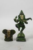 Two Indian brass figures of Ganesh with applied green patina, largest 4½" high