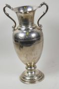 An Italian 800mk silver two handled pedestal vase with engraved decoration, 13½" high (947 grams)