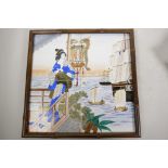 A Chinese porcelain tile picture of a girl on a balcony looking out to sea, comprising four tiles in