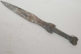 A verdigris bronze dagger, 14½" long