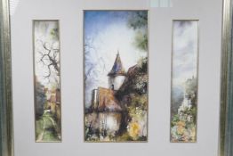 A triptych print of Continental village scenes, indistinctly signed, largest aperture 7½" x 15"