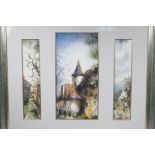 A triptych print of Continental village scenes, indistinctly signed, largest aperture 7½" x 15"