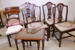A set of four C19th mahogany pierced splat back dining chairs, a pair of side chairs and a nest of