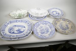 A quantity of English blue and white pottery including three old Chelsea Pattern oval platters,