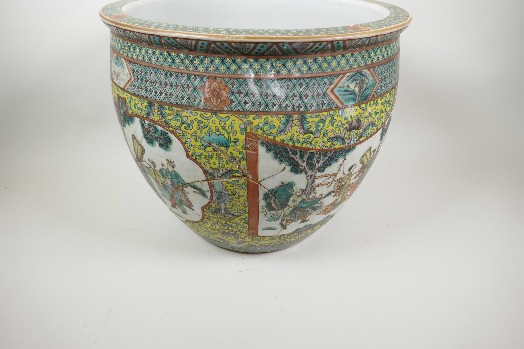 A large Chinese ceramic fish bowl, the interior decorated in bright enamels with carp, the outer - Image 2 of 4