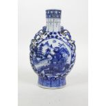 A Chinese blue and white porcelain two handled flask with decorative riverside landscape panels, 4