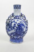 A Chinese blue and white porcelain two handled flask with decorative riverside landscape panels, 4