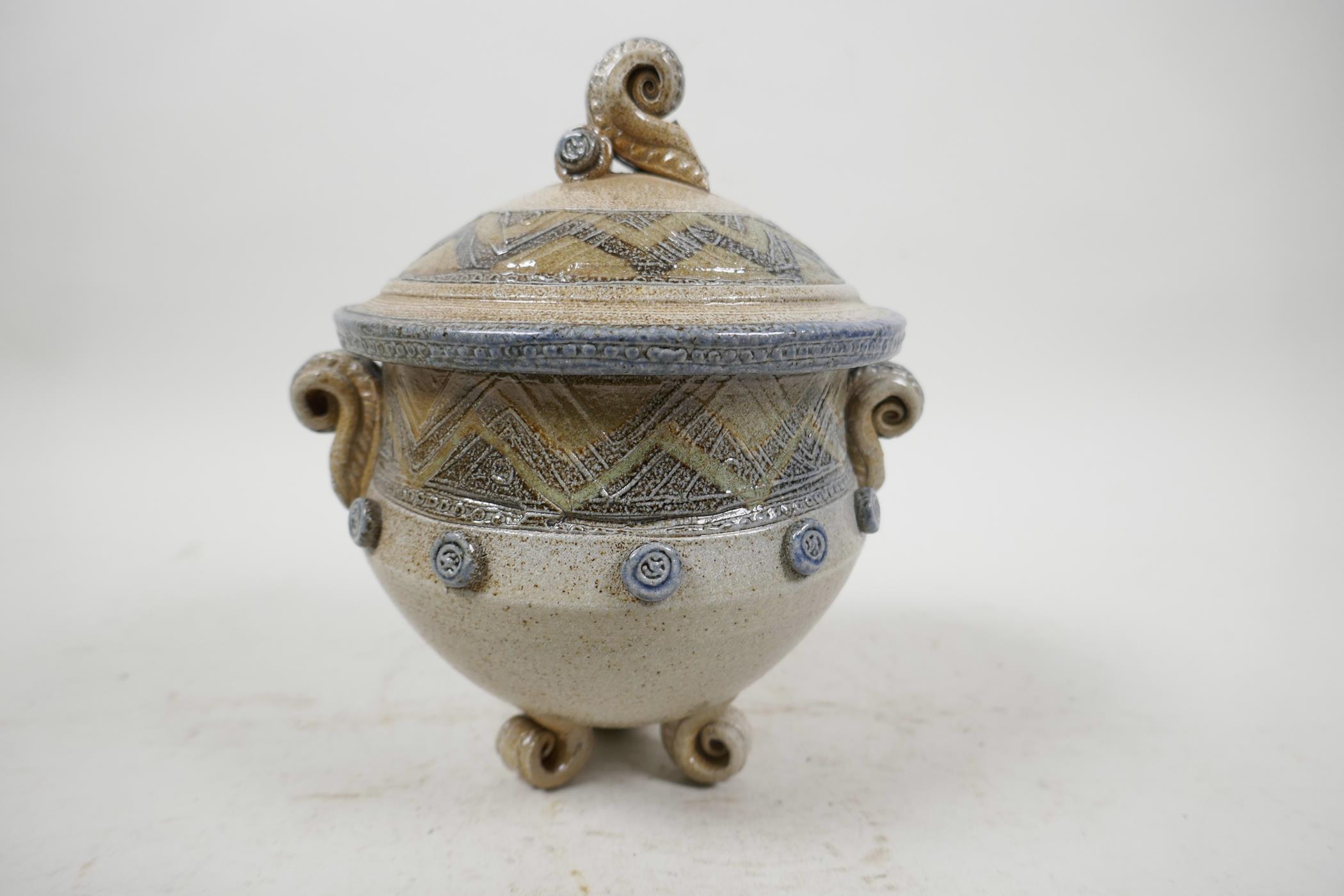 Carol King (British), studio pottery sweet jar and cover, raised on three feet, 7½" high, 6" - Image 2 of 6