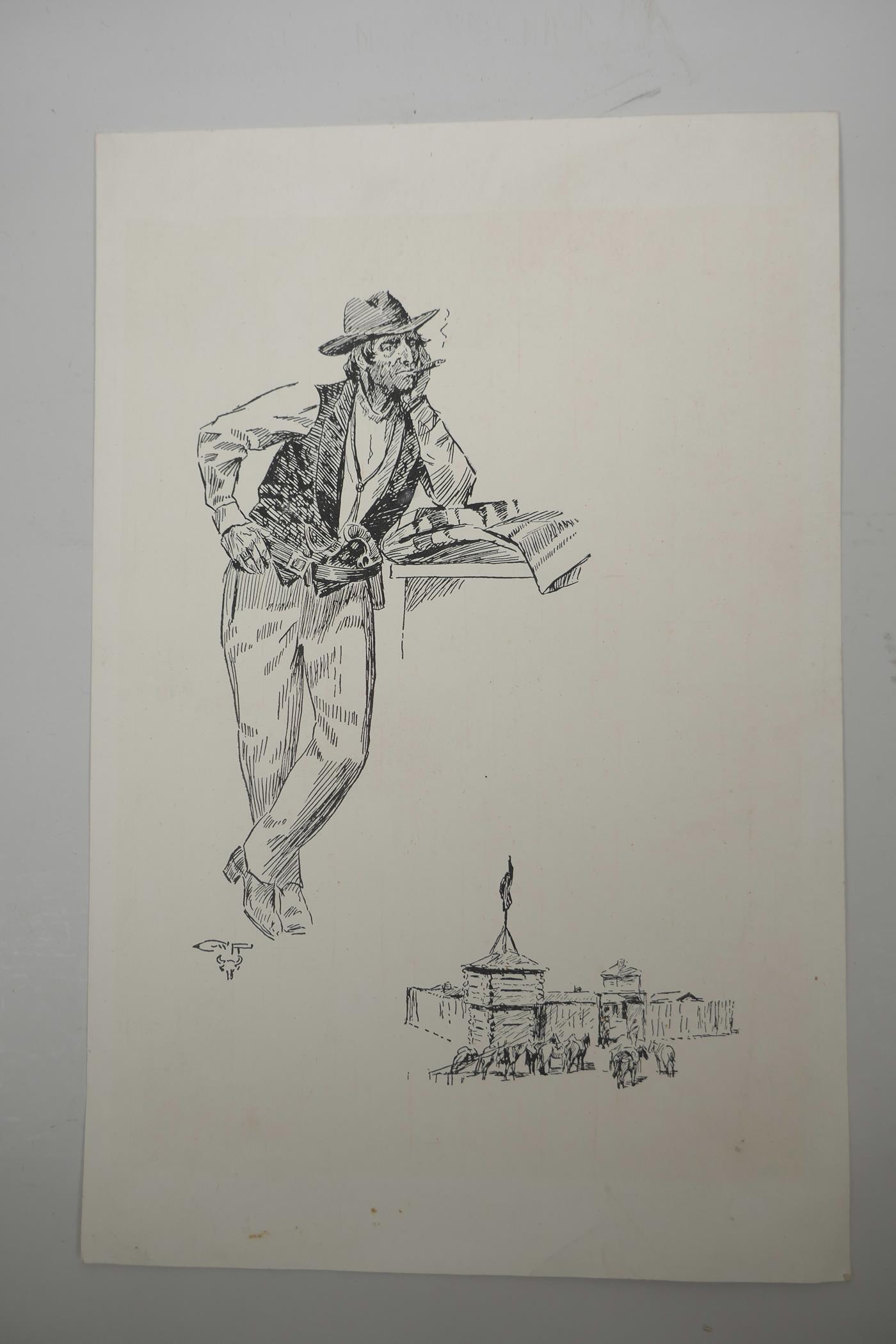 After Charles Marion Russel, portrait of a cowboy, monogrammed pen and ink (possibly on print base), - Image 3 of 3