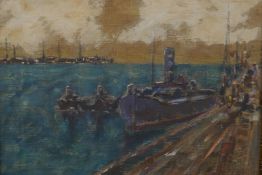 Harbour scene with steamboats by a quayside, signed verso Thornley, oil on canvas, 11½" x 15½"