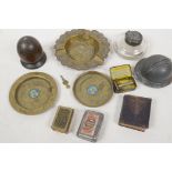 A collection of curios; mauchlin ware domed box, novelty fireman's helmet, inkwell, heavy clear