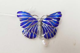 A 925 silver and plique a jour brooch in the form of a butterfly, 2" wide