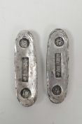 A pair of Chinese white metal trade tokens/ingots, 4" long