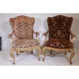 A C18th carved giltwood open armchair with a wing back, scroll arms and shaped rails, raised on