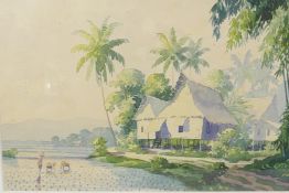 Jalinus, Indonesian School watercolour, beach scene with stilted buildings and figures, 14½" x 9½"