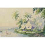 Jalinus, Indonesian School watercolour, beach scene with stilted buildings and figures, 14½" x 9½"