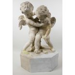 A plaster figure of two squabbling cherubs on an octagonal base, A/F, 18" high