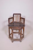 A late C19th/early C20th Chinese bamboo corner chair with a spindle back, 28" high